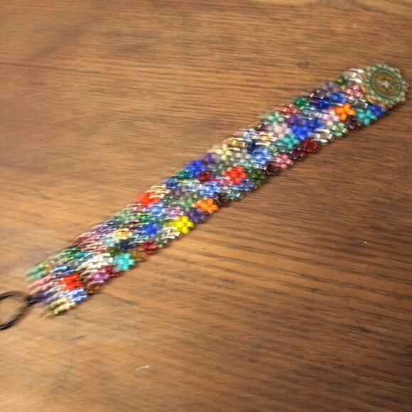 HANDMADE Multi-color Patchwork Beaded Cuff Bracelet. 7" - Picture 4 of 4